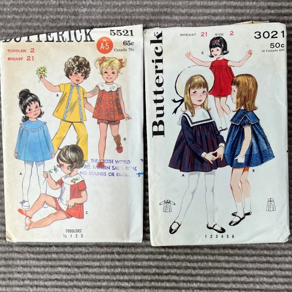 Vintage Butterick Sewing Patterns 5521 3021 Toddler Girls Dress Pants Mod 1970s